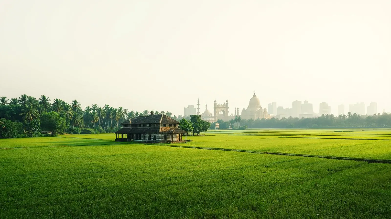 Elegant Visual Combining Bihar’s Rural Textures—lush Fields, Subtle Silhouettes Of Traditional Houses—with Patna’s City Elements, All Merged Into A Refined Corporate Financial Theme That Symbolizes Recovery And Op